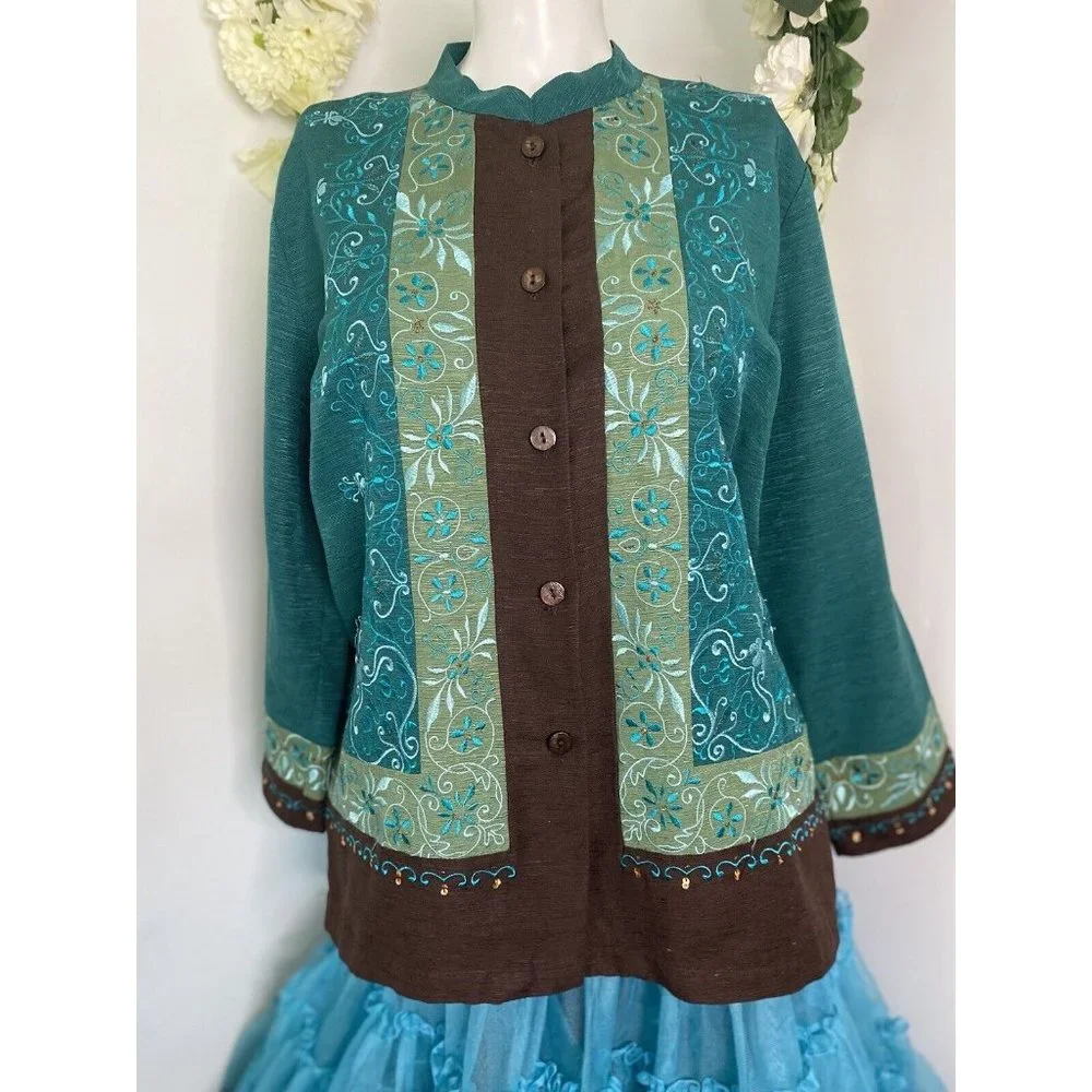 Erin London Womens L Silk Button Down Embroidered Jacket Blazer Green Vintage - Picture 11 of 16